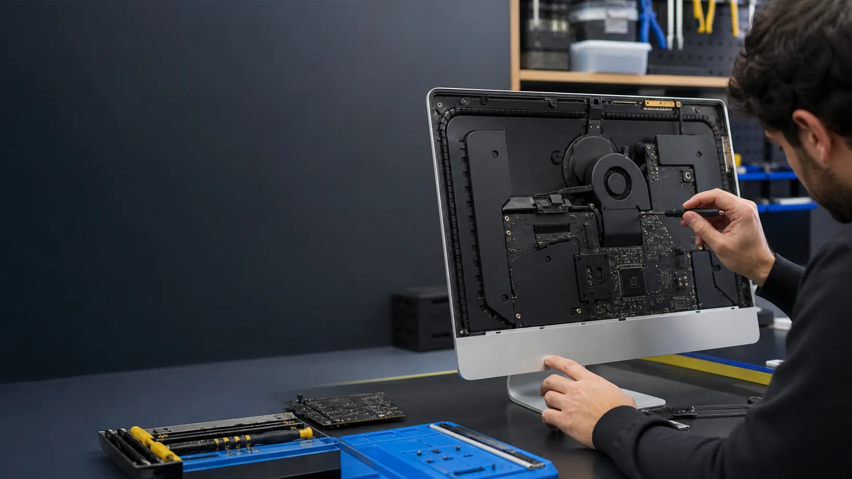 Servicio técnico de iMac en banco de reparación electrónica