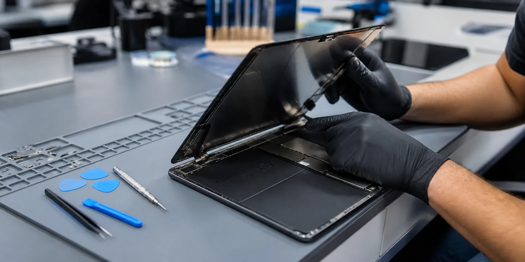 iPad abierto en banco técnico durante reparación de pantalla con herramientas de precisión