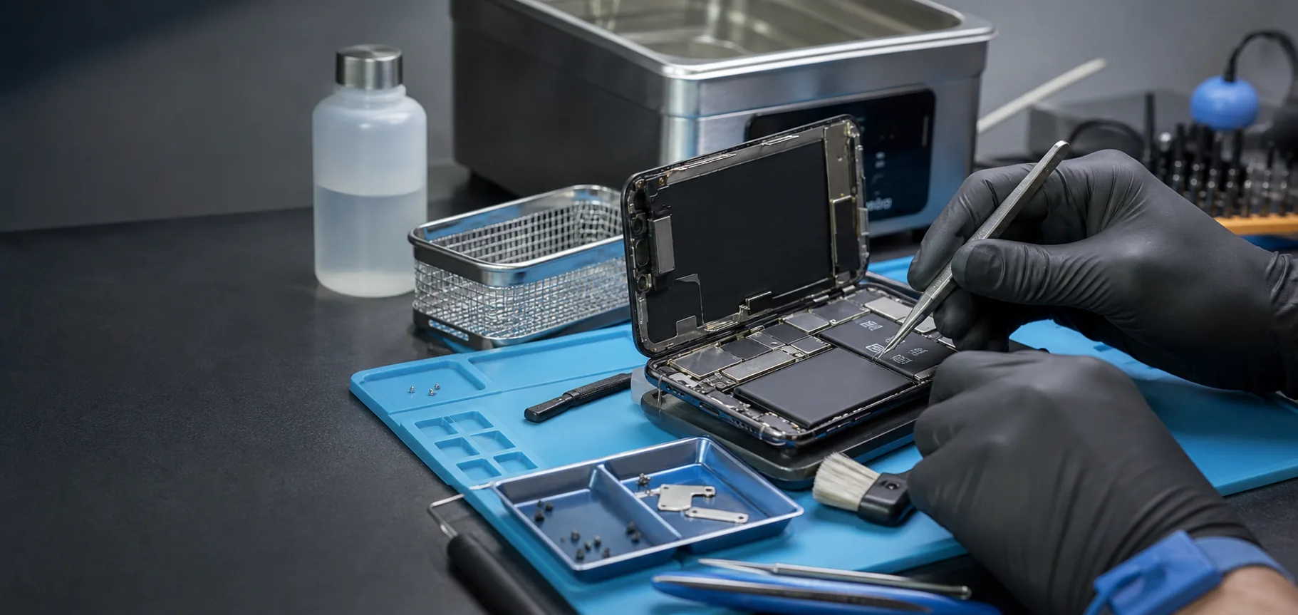 iPhone abierto en banco técnico durante baño químico por daño líquido con herramientas de precisión