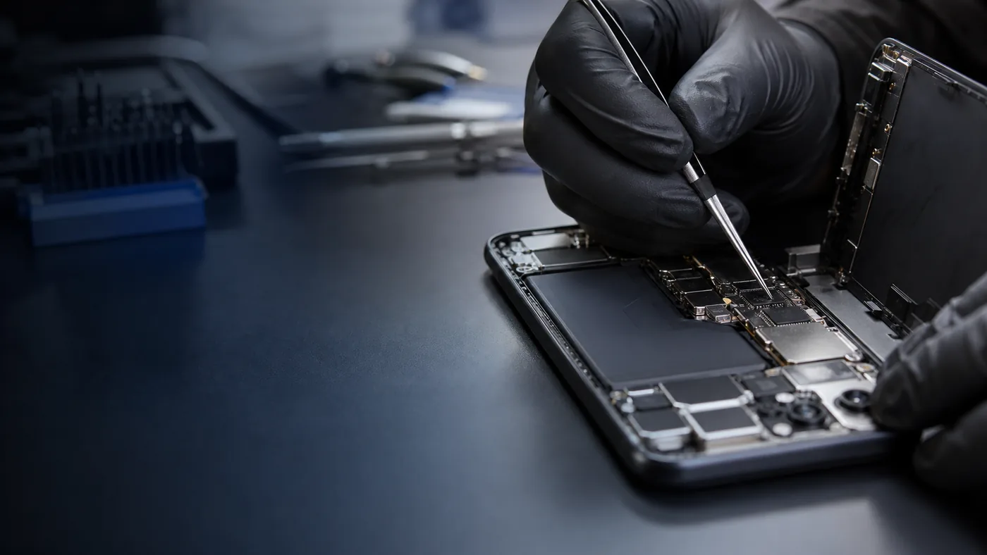 iPhone abierto con placa lógica expuesta durante reparación técnica de componentes