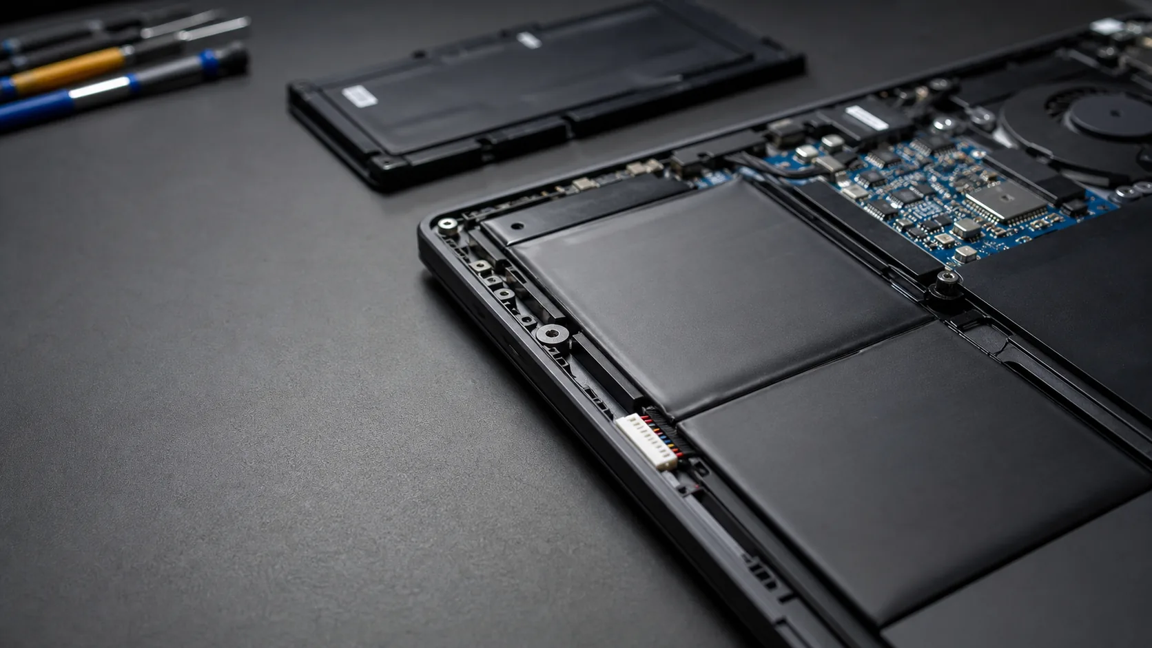 Primer plano de batería interna de notebook durante reemplazo técnico
