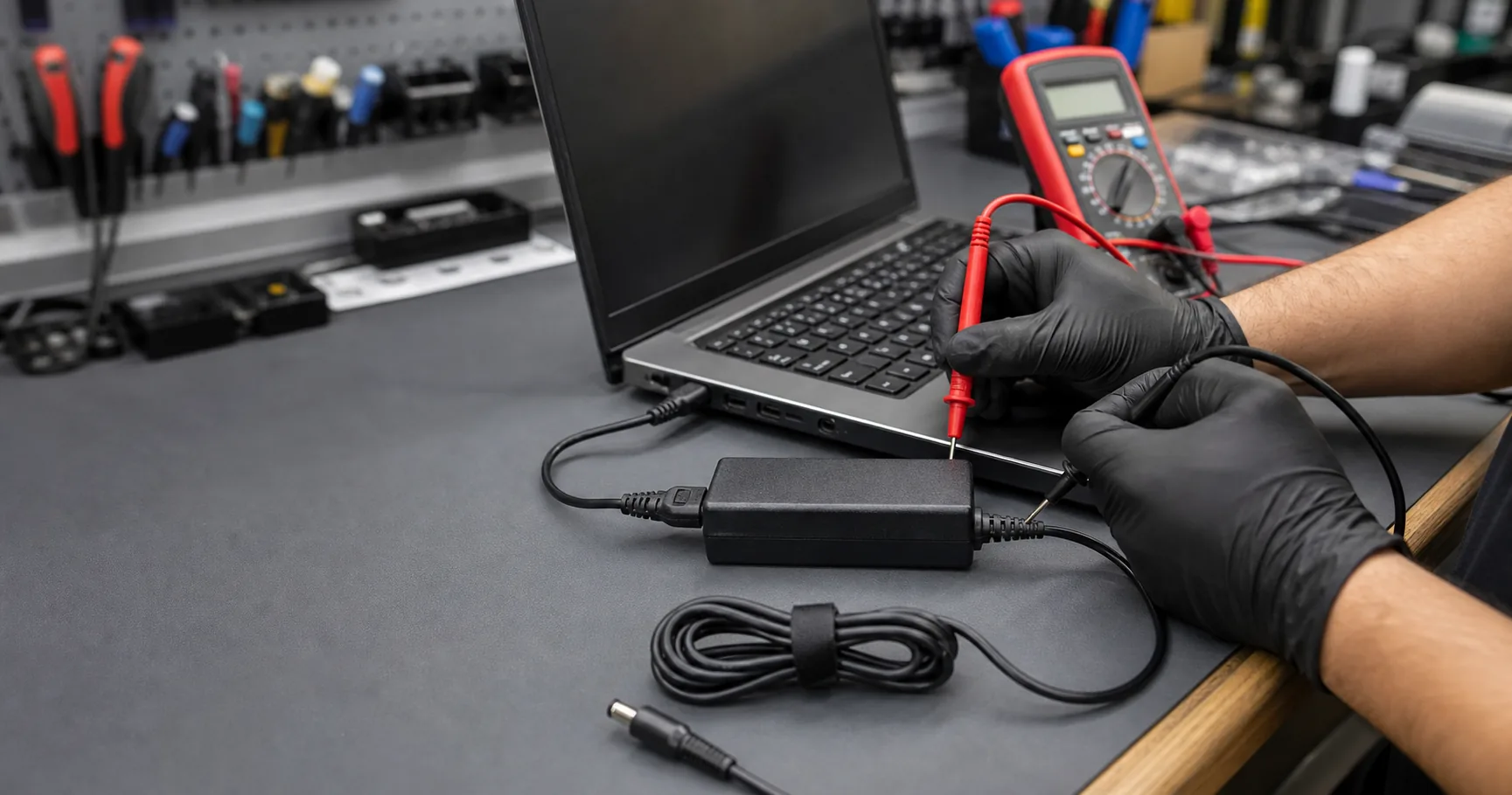 Técnico probando cargador de notebook con multímetro junto a un cargador de reemplazo