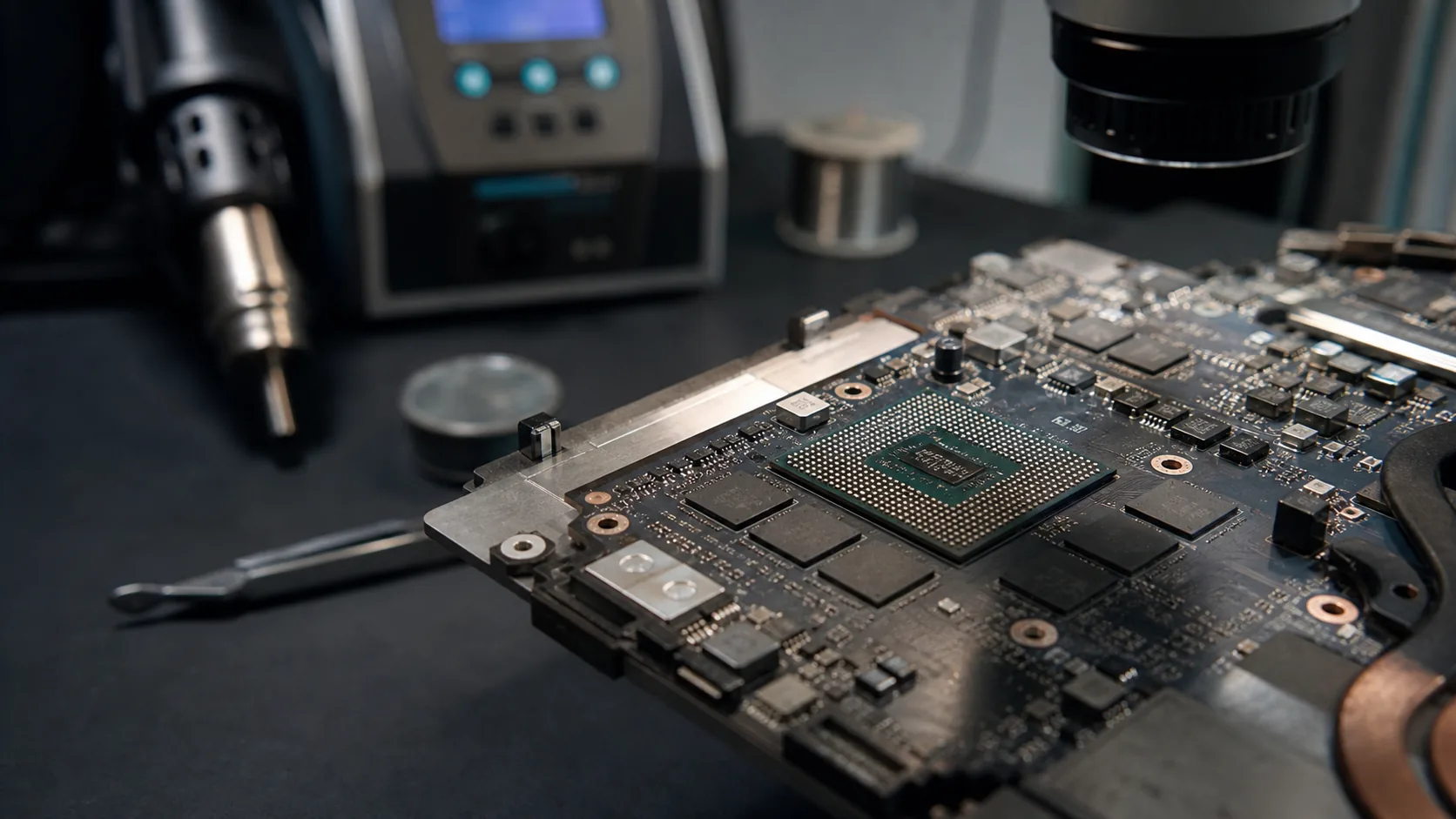 Primer plano de reparación de chip gráfico GPU en placa madre de notebook