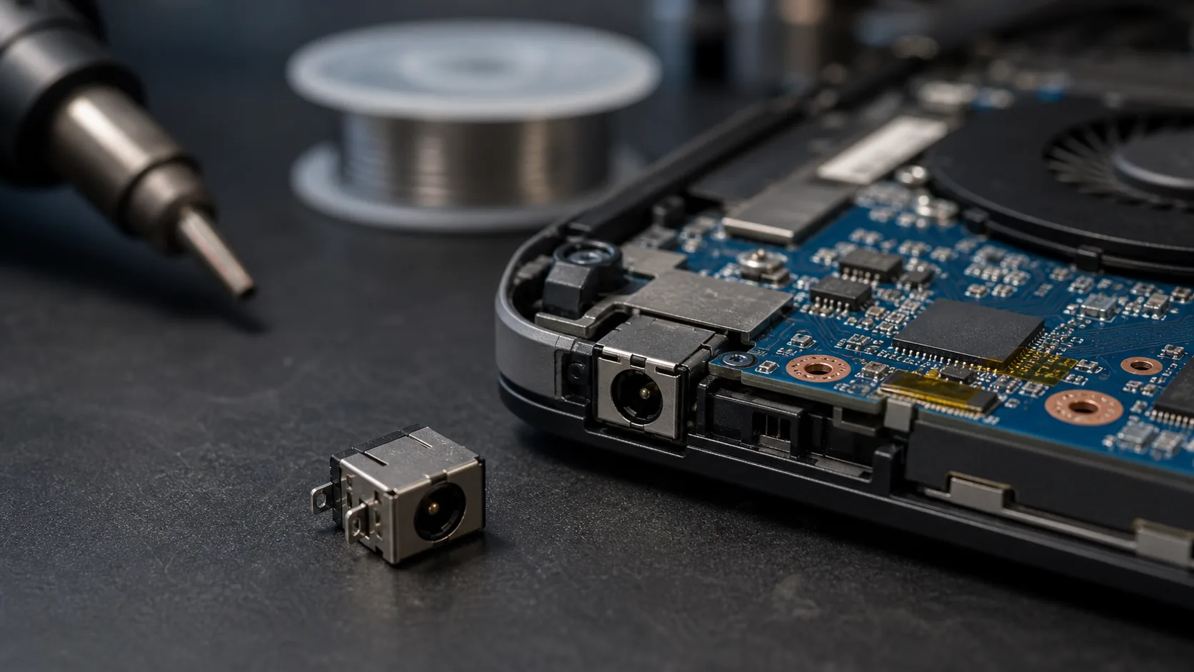 Primer plano de conector jack de power de notebook y reparación de carga