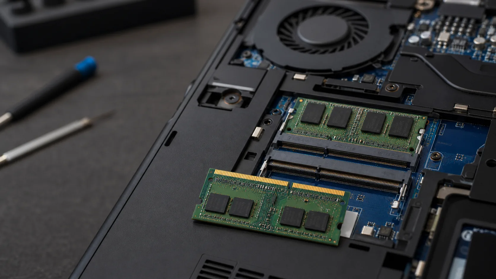Primer plano de módulo de memoria RAM SO-DIMM para upgrade de notebook