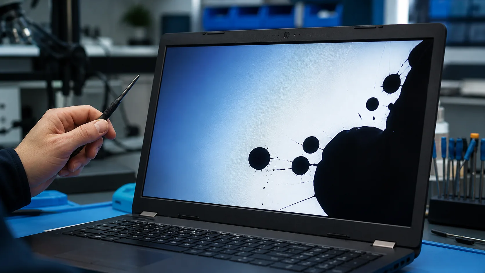 Notebook con manchas negras tipo tinta en la pantalla LCD durante diagnóstico técnico