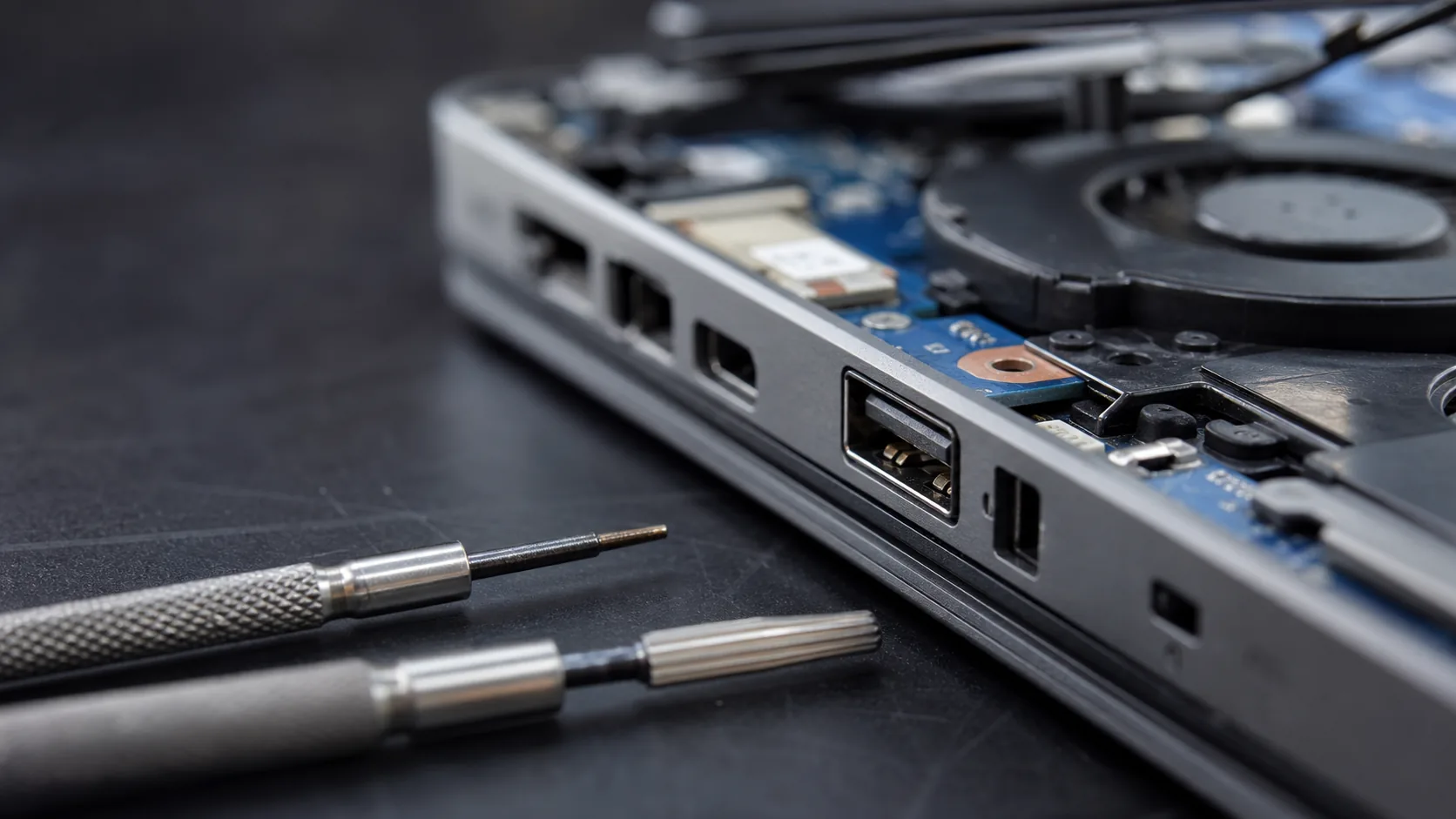 Primer plano de reparación de puerto USB de notebook en mesa técnica