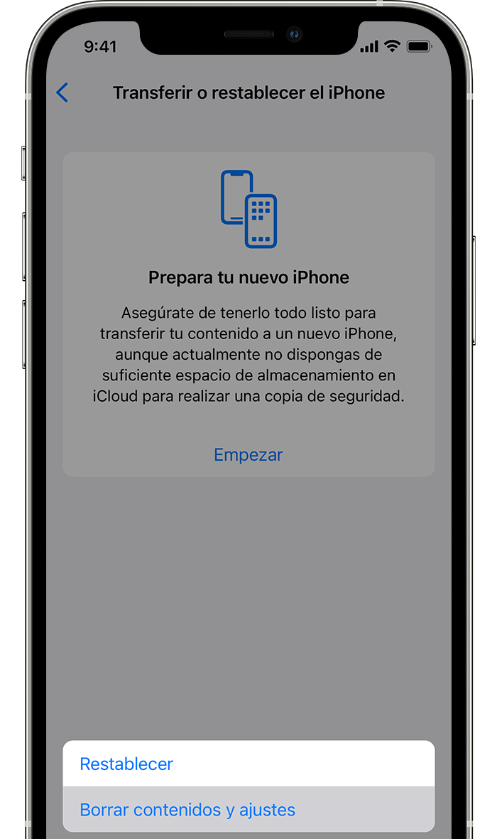 Pantalla de restablecimiento de iPhone